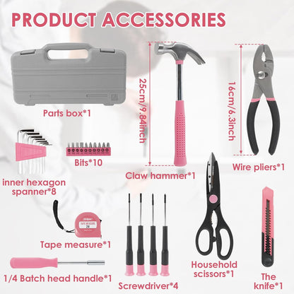 34-Piece Household Tools Kit, Household Tool Set General Repair Small Hand Tool Kit in Toolbox Storage Case, Household Tool Set for Women, Girls and Ladies, Pink, Mini Tool Box Set for Dorm