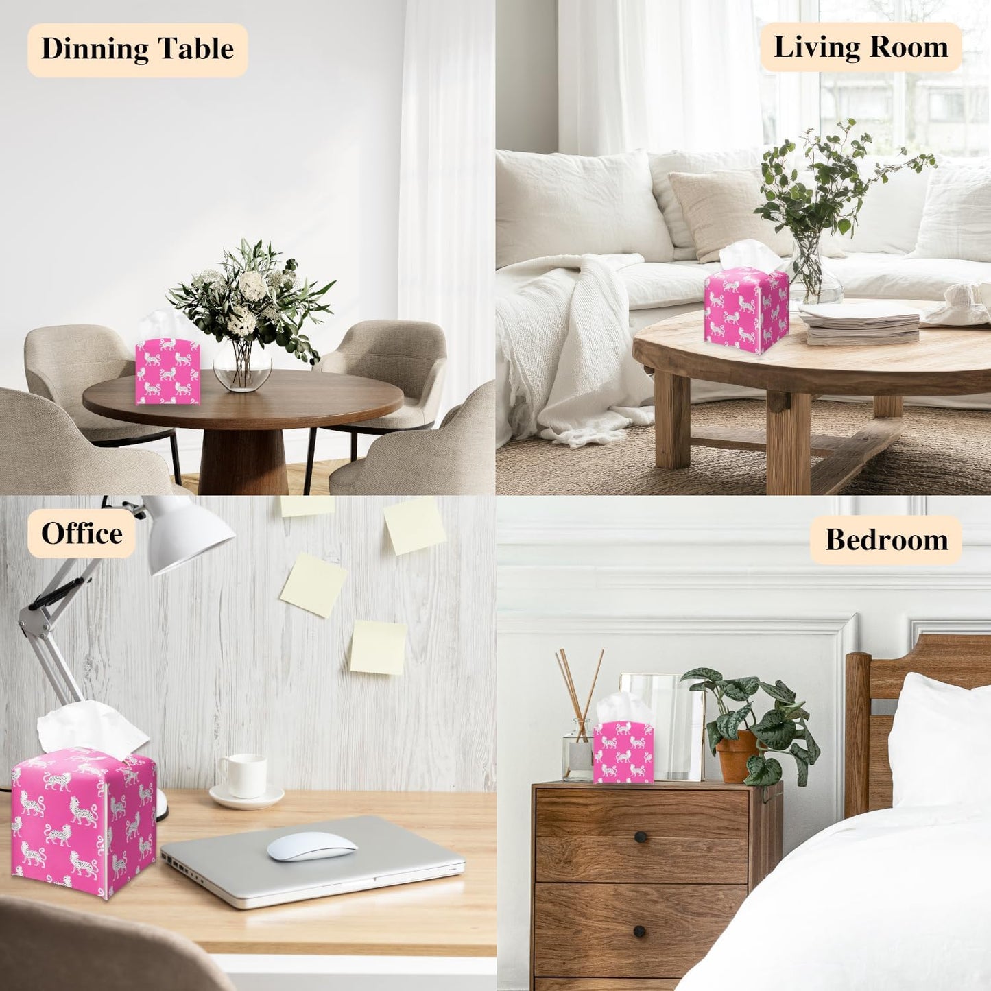 Pink Cheetah Tissue Box Holder, Leather Tissue Box Cover Square, Waterproof Facial Paper Organizer Dispenser for Home Bathroom Bedroom Night Stand Office Countertop -028