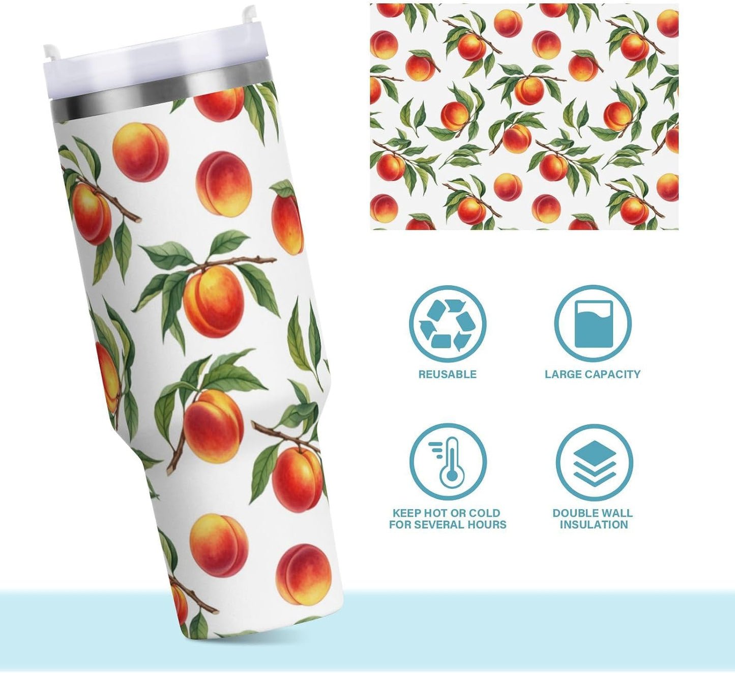 40 oz tumbler with handle and straw Peaches Branch Pattern Stainless Steel Tumbler Leakproof Water Bottle Vacuum Insulated Cups With Lid Travel Mug For Car Cup Holder,