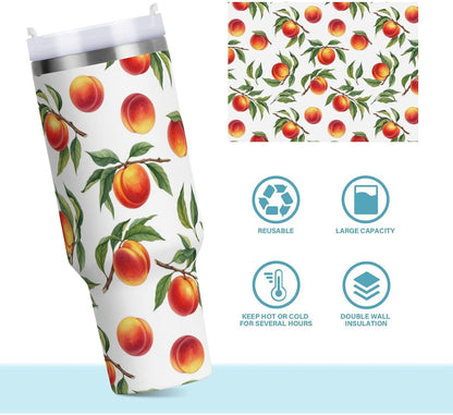 40 oz tumbler with handle and straw Peaches Branch Pattern Stainless Steel Tumbler Leakproof Water Bottle Vacuum Insulated Cups With Lid Travel Mug For Car Cup Holder,