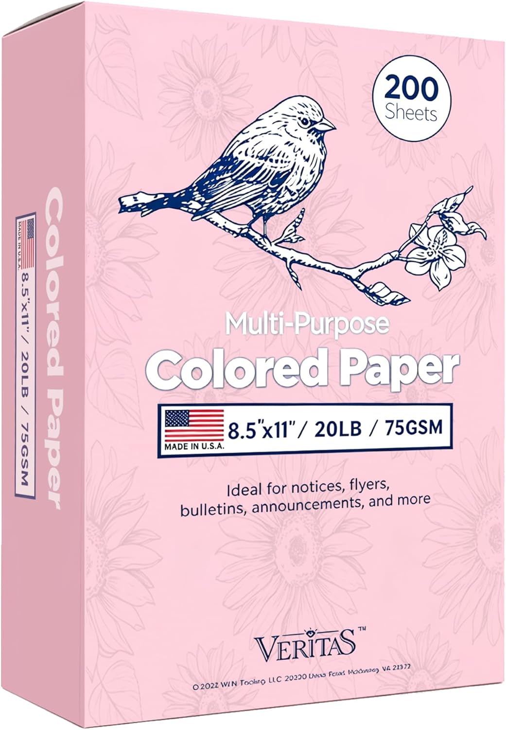 WritePads Veritas Colored Copy Paper, Pink Colored Printer Paper 8.5” x 11”, 20 lb / 75 GSM, 200 Sheets (1 Reams) Computer Paper, Multi-Purpose paper, Made in USA