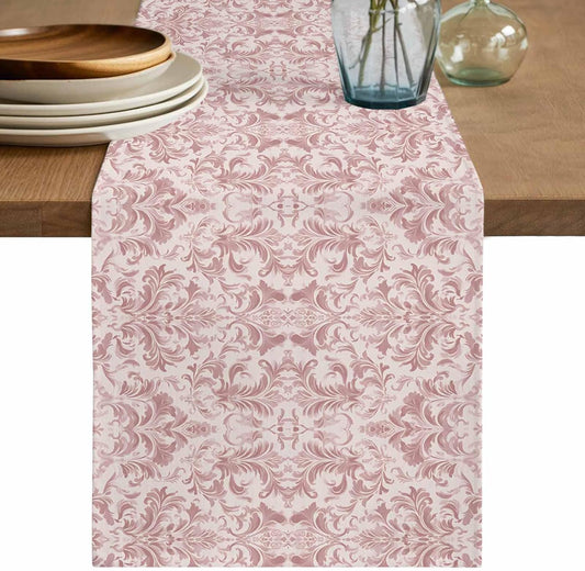 Pink Baroque Table Runner 70 Inches Long, Kitchen Dining Table Decoration, Farmhouse Scroll Floral Damask Patterned Coffee Tablerunner Dress Scarves Farmhouse Décor for Party, Holiday, 13 x 70