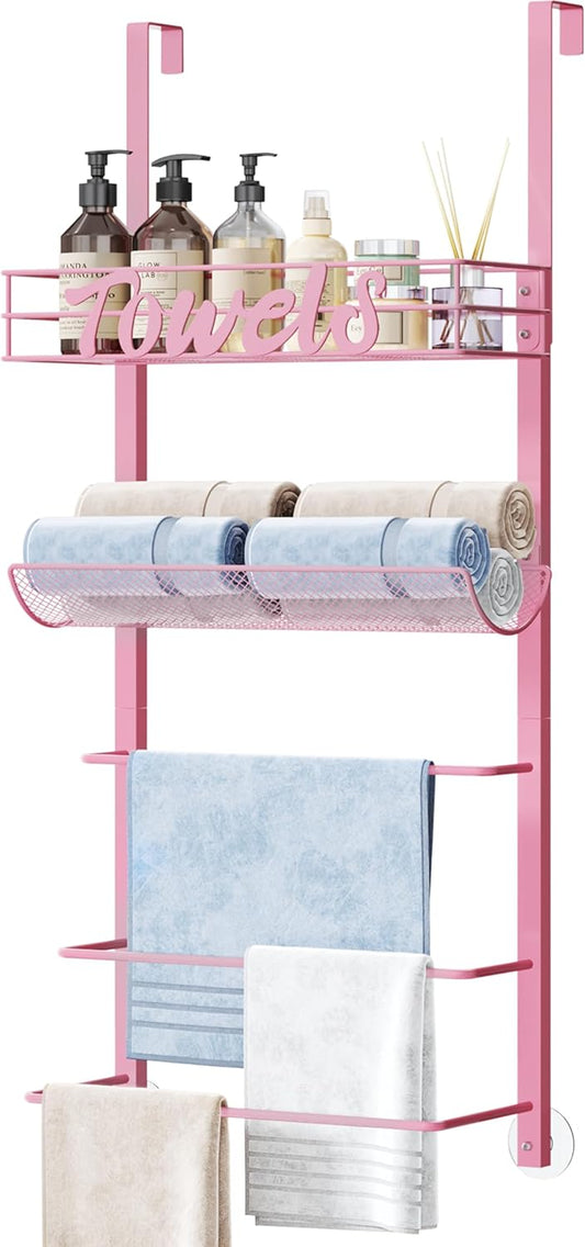 SWTYMIKI SWTYMIKI Over the Door Towel Racks for Bathroom - 5-Tier Wall Mounted Bathroom Towel Storage Organizer Holder with Metal Shelf, Pink