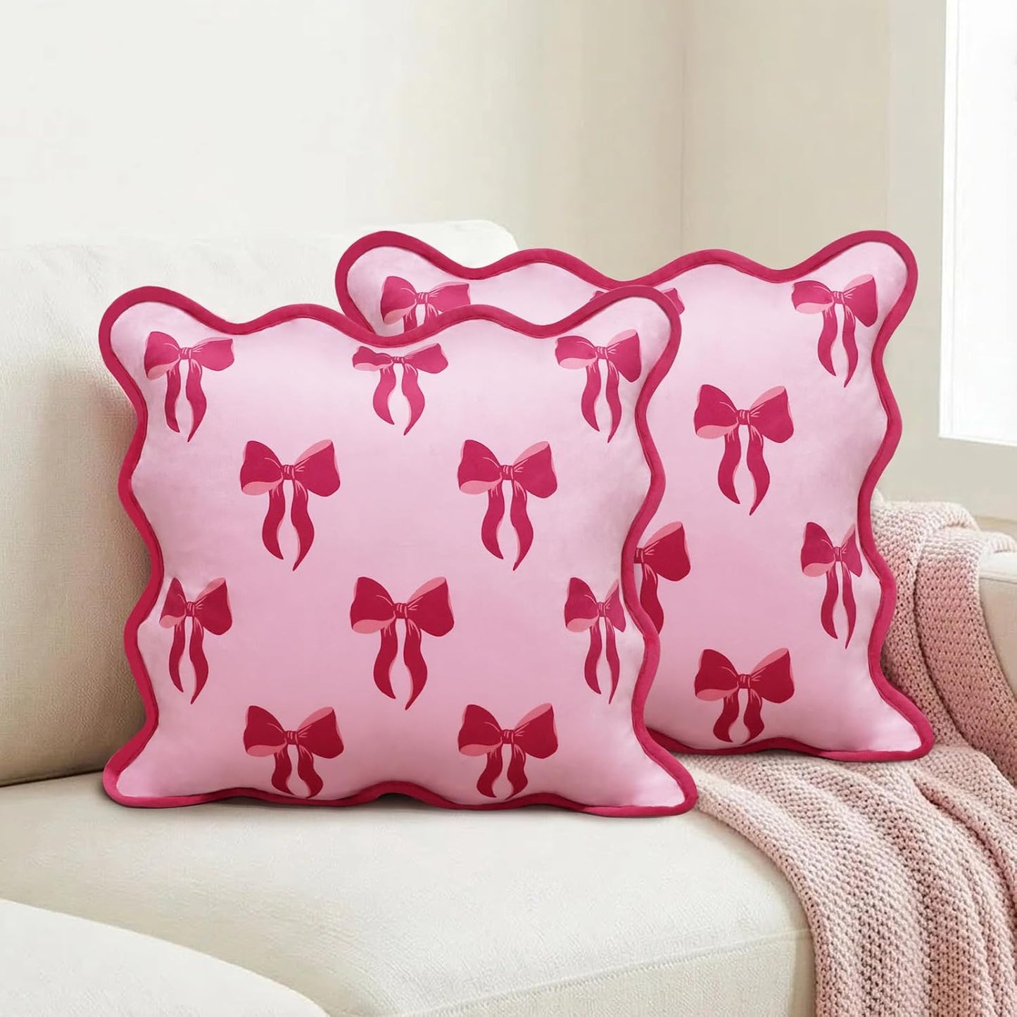 Pink Bow Pillow Covers 18x18 Set of 2, Scalloped Pillow Cases,Plush Bowknot Aesthetic Decor for Bed Sofa Couch,All Season Christmas Home Accents