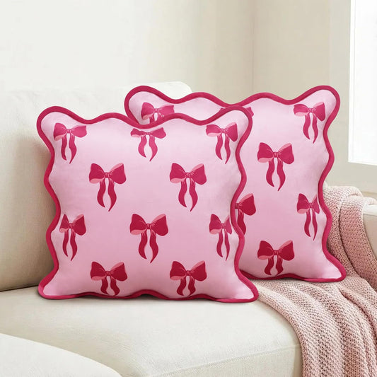 Pink Bow Pillow Covers 18x18 Set of 2, Scalloped Pillow Cases,Plush Bowknot Aesthetic Decor for Bed Sofa Couch,All Season Christmas Home Accents