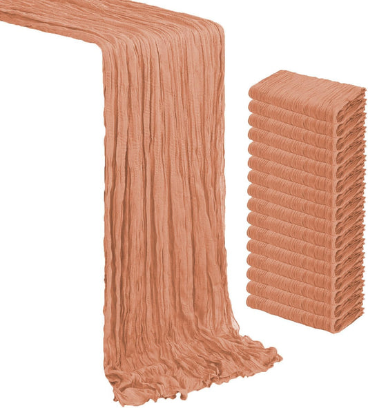 VDS Cheesecloth Table Runner 17” x 108” - 1 PC - Boho Long Crinkle 100% Cotton Gauze Table Runner for Wedding, Bridal & Baby Shower, Party Tablescape, Rustic Farmhouse Table Décor - Coral Peach