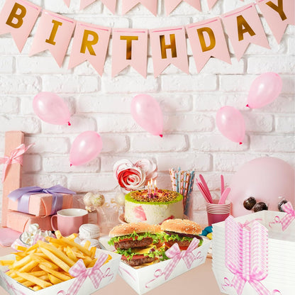 Pink Bow Paper Food Trays - 24Pcs Large Size Coquette Birthday Decorations Kraft Food Boat;Nacho Trays Bow Birthday Party Supplies for Valentines Wedding Baby Shower Party Decoration