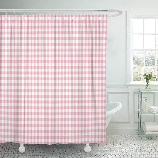 Colorful Abstract Pink Gingham Pattern Check Checkered Color Colored Bathroom Shower Curtain Sets Hooks, Waterproof Polyester Curtain Festival Gift