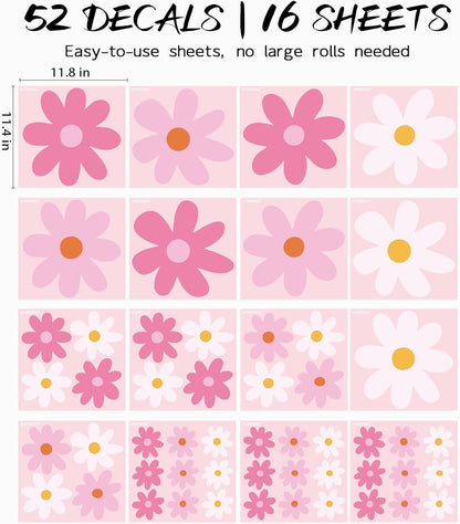 AOWDIAO Large Daisy Wall Decals – 52 Pcs Pink Peel and Stick Flower Wall Stickers for Bedroom & Nursery Decor