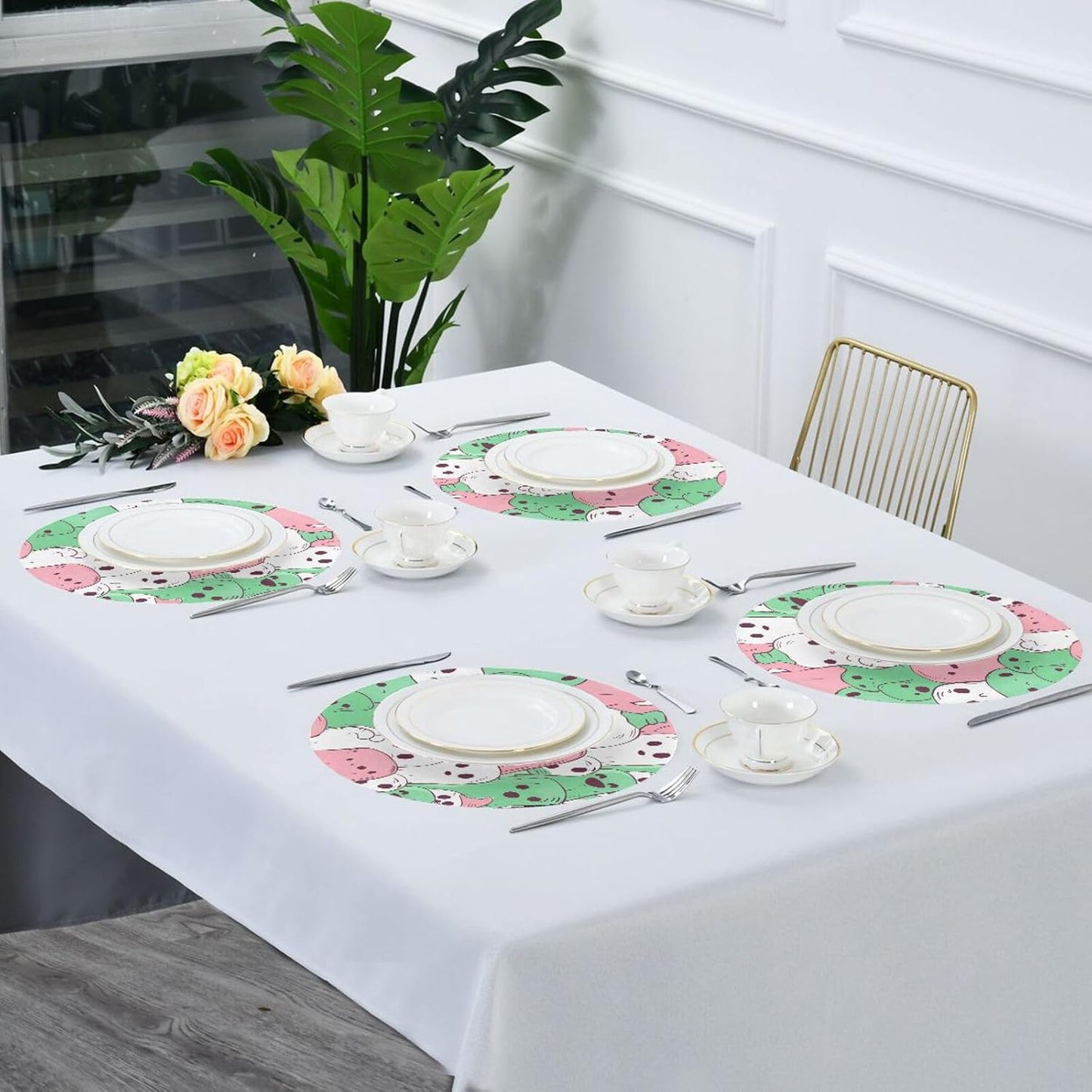 Green and Peach Unique Pattern Round Table placemat Reusable placemats Washable placemats for Dining Table Dining Table Decor Waterproof placemats for Kitchen Table Dining Table mats Set of 6