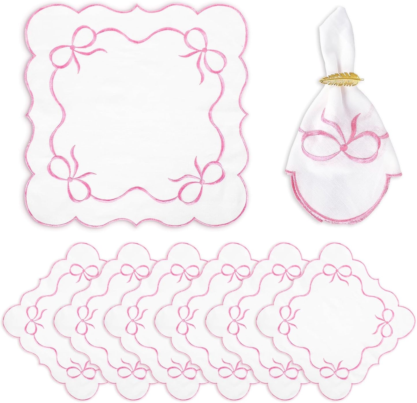 FYSUIMU 6 Packs Cloth Napkins Pink Embroidered Bow Napkin Scalloped Edge Reusable Washable Embroider Bowknot Table Napkins for Mother's Day Wedding Bridal Baby Shower Party Housewarming Gifts