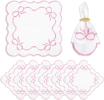 FYSUIMU 6 Packs Cloth Napkins Pink Embroidered Bow Napkin Scalloped Edge Reusable Washable Embroider Bowknot Table Napkins for Mother's Day Wedding Bridal Baby Shower Party Housewarming Gifts