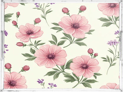 Pink Flowers Acrylic Serving Tray with Handles,Clear Serving Tray Decorative Organiser for Ottoman, Kitchen, Bedroom Decorative 12x16 Inches