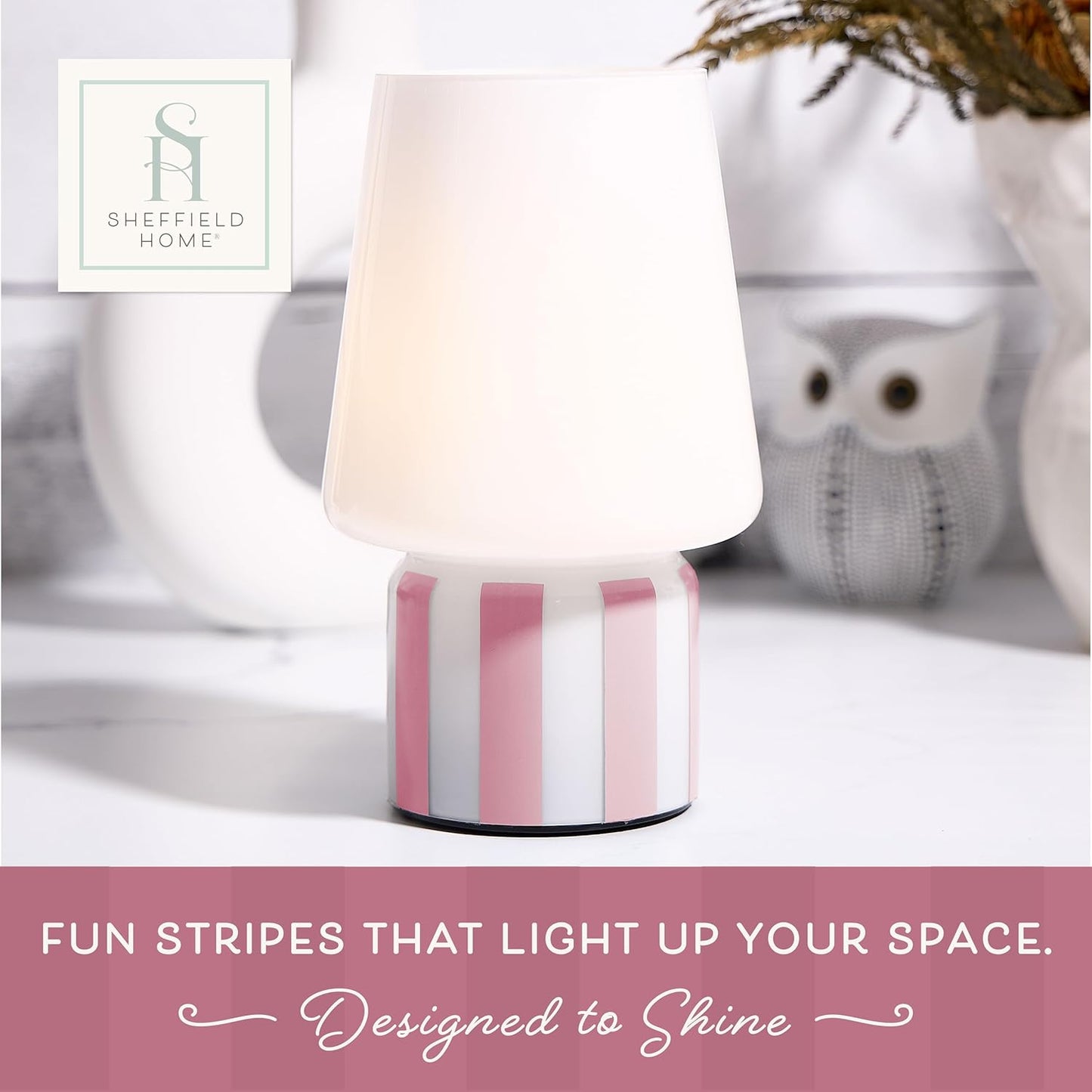 Sheffield Home Glass LED Lamp – Warm White Light, Battery Operated (3AA) – Elegant Home Décor, Pink Stripe