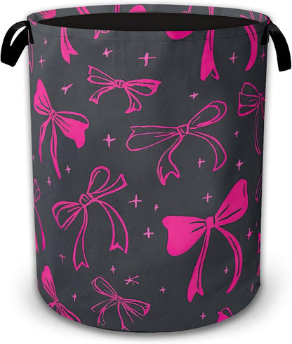 Laundry Hamper Foldable with Handles,Cute Pink Bowknot Oxford Cloth Basket,Large Capacity Storage Organizer for Bedroom Bathroom Dorm Room