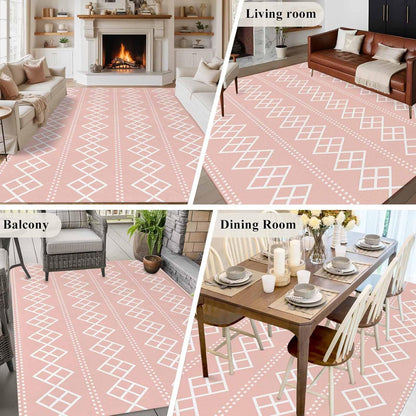 Peach Pink Checkered Area Rug 6x9, Abstract White Geometric Argyle Stripe Non Slip Area Rugs for Living Room, Soft Floor Mat Washable Low Pile Carpet for Bedroom, Dining Room, Entryway