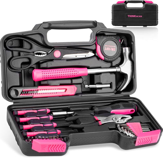 THINKWORK Pink Tool Set - 40 Piece General Household Hand Tool Kit with Storage Toolbox, Small Basic Tool Set Perfect for DIY, Home, Office, Garage and College Dormitory Use - Christmas Gift for Women