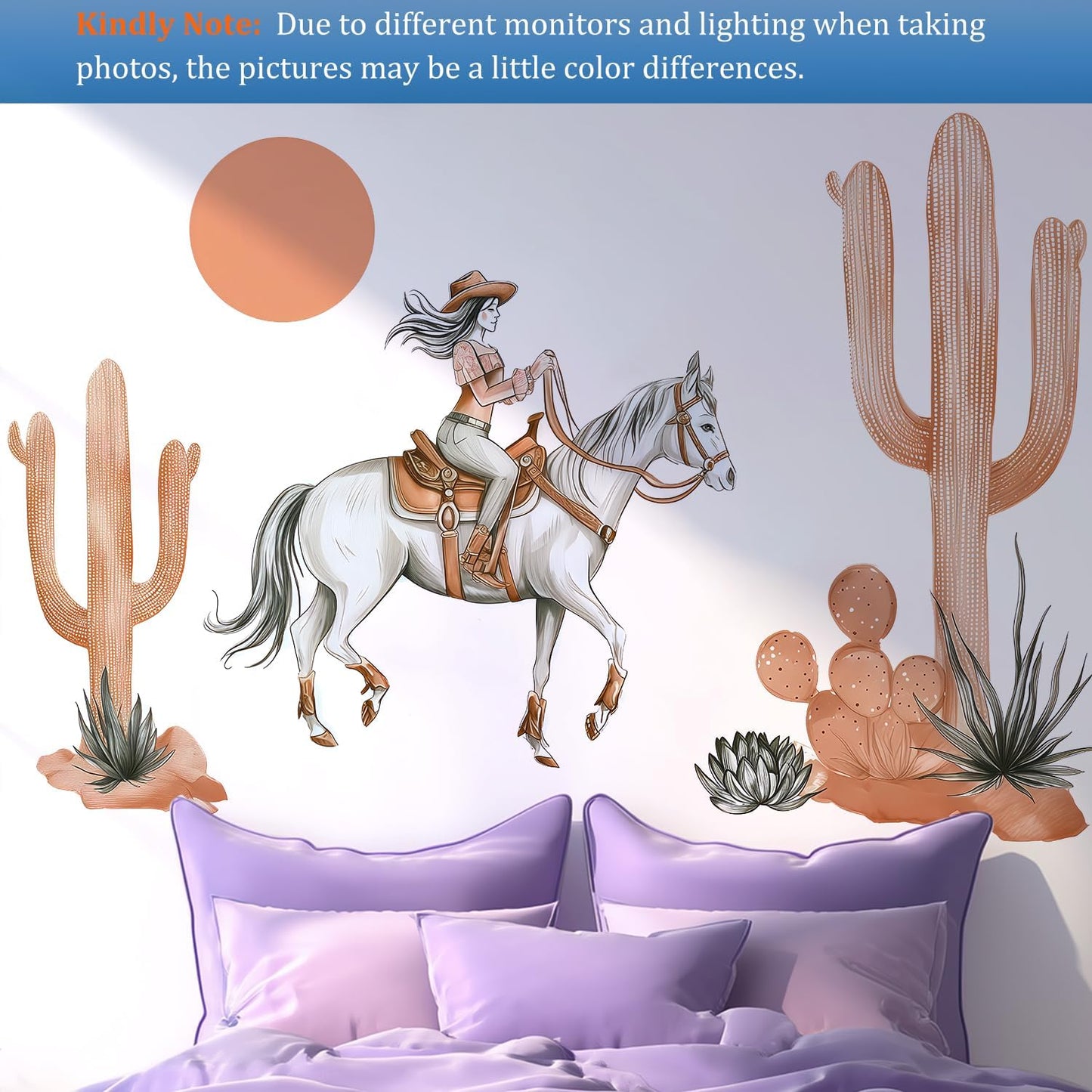 Cowgirl Horse Wall Decals Peel and Stick - Boho Cactus Sun Western Girl Riding Horse Vinyl Sticker Mural for Kids Room, Nursery, Bedroom - Desert Safari Animal Theme Removable Wall Art Mural