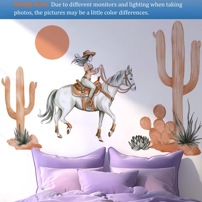 Cowgirl Horse Wall Decals Peel and Stick - Boho Cactus Sun Western Girl Riding Horse Vinyl Sticker Mural for Kids Room, Nursery, Bedroom - Desert Safari Animal Theme Removable Wall Art Mural