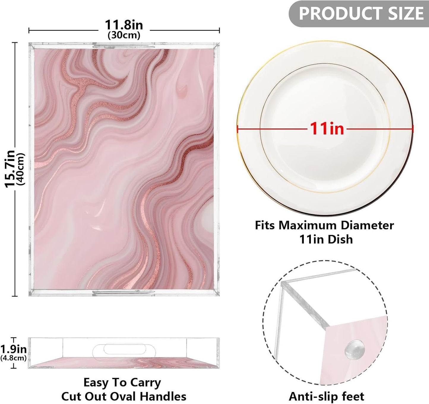 Pink Marble Serving Tray 12" x 16" Acrylic Trays with Handles Decorative Serving Platter for Coffee, Breakfast in Bed, Dinner, Appetizers, Patio, Party