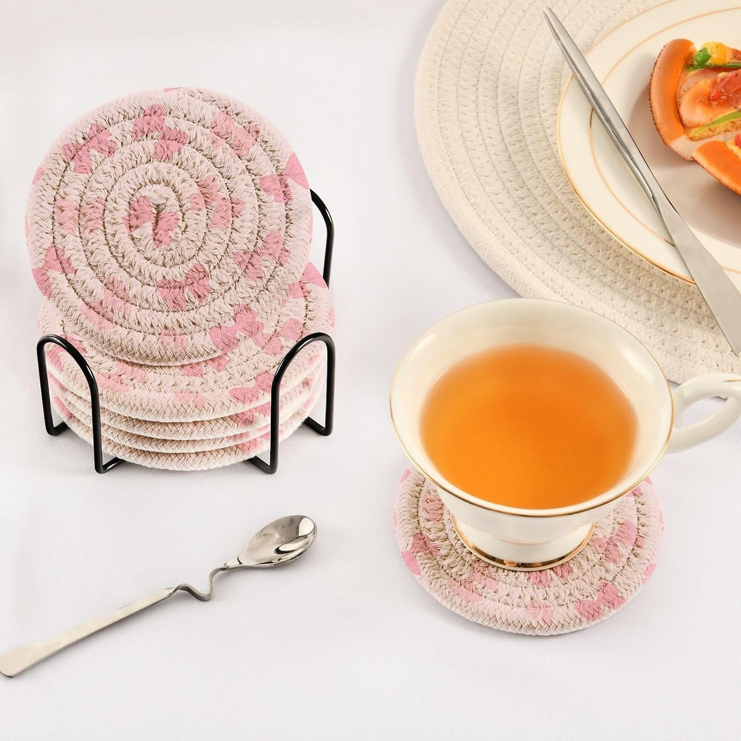 6 Pcs Drink Coasters Cute Light Pink Bow Woven Coasters Set Drinks Coasters with Holder