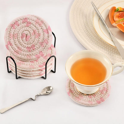 6 Pcs Drink Coasters Cute Light Pink Bow Woven Coasters Set Drinks Coasters with Holder
