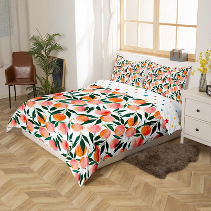 Erosebridal Kids Peach Comforter Cover,Oil Art Peach Duvet Cover Queen for Kids Teens Adults,Yummy Summer Fruit Bed Set,Cute Cartoon Fruit Bedding Set with 2 Pillowcases Bedroom Decor