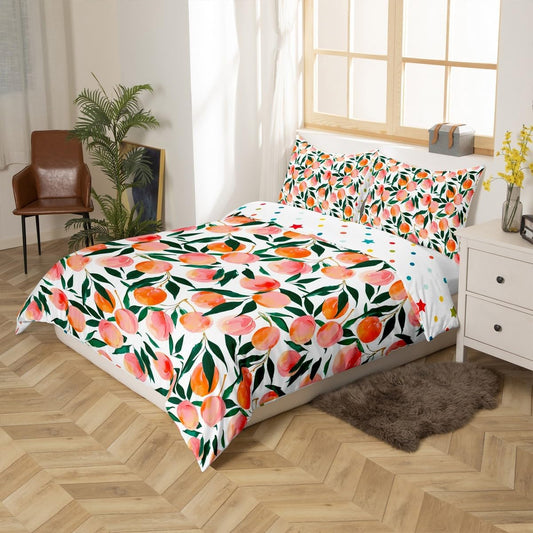 Erosebridal Kids Peach Comforter Cover,Oil Art Peach Duvet Cover Queen for Kids Teens Adults,Yummy Summer Fruit Bed Set,Cute Cartoon Fruit Bedding Set with 2 Pillowcases Bedroom Decor
