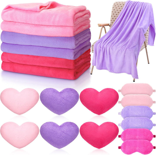 Fanfanwin 18 Pcs Kids Sleepover Party Supplies Set for Girls Fleece Soft Blankets Fluffy Heart Throw Pillow Plush Sleep Eye Mask for Spa Camping Birthday Favors(Light Pink,Light Purple,Rose Pink)