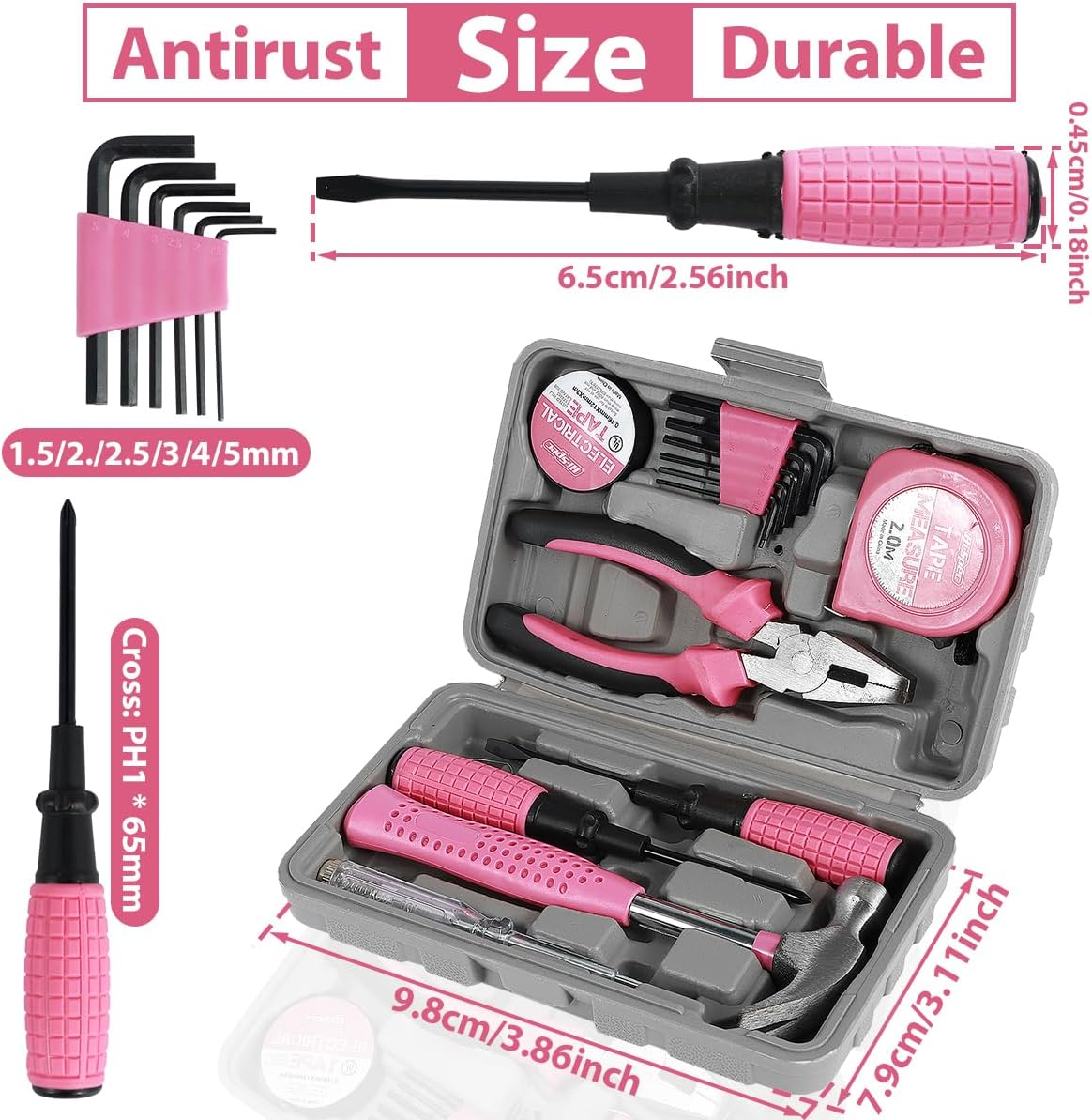 13/24Pcs Household Repair Tool Kit Multi-Purpose Pink Home Hand Tool Set with Storage Case Hammer and Allen Key Set with Electrical Tape Screwdriver Test Pen Plier Bits QUZHEMA_US