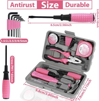 13/24Pcs Household Repair Tool Kit Multi-Purpose Pink Home Hand Tool Set with Storage Case Hammer and Allen Key Set with Electrical Tape Screwdriver Test Pen Plier Bits QUZHEMA_US