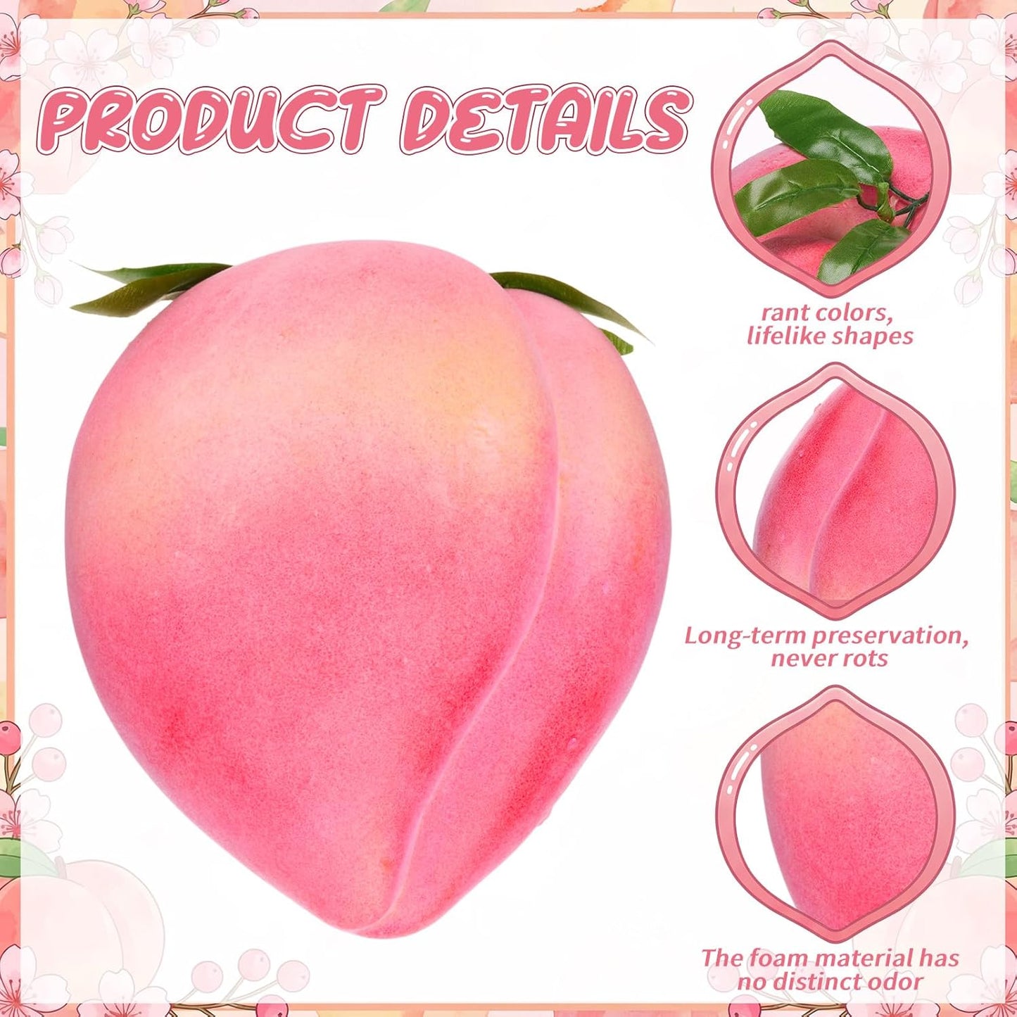 AceOrbit 2 Pcs Large Artificial Peach 7.48 Inch Foam Faux Peach Decorations Lifelike Fake Fruit Simulation for Home Birthday Party Cabinet Table Festival Kitchen Harvest Photography Prop