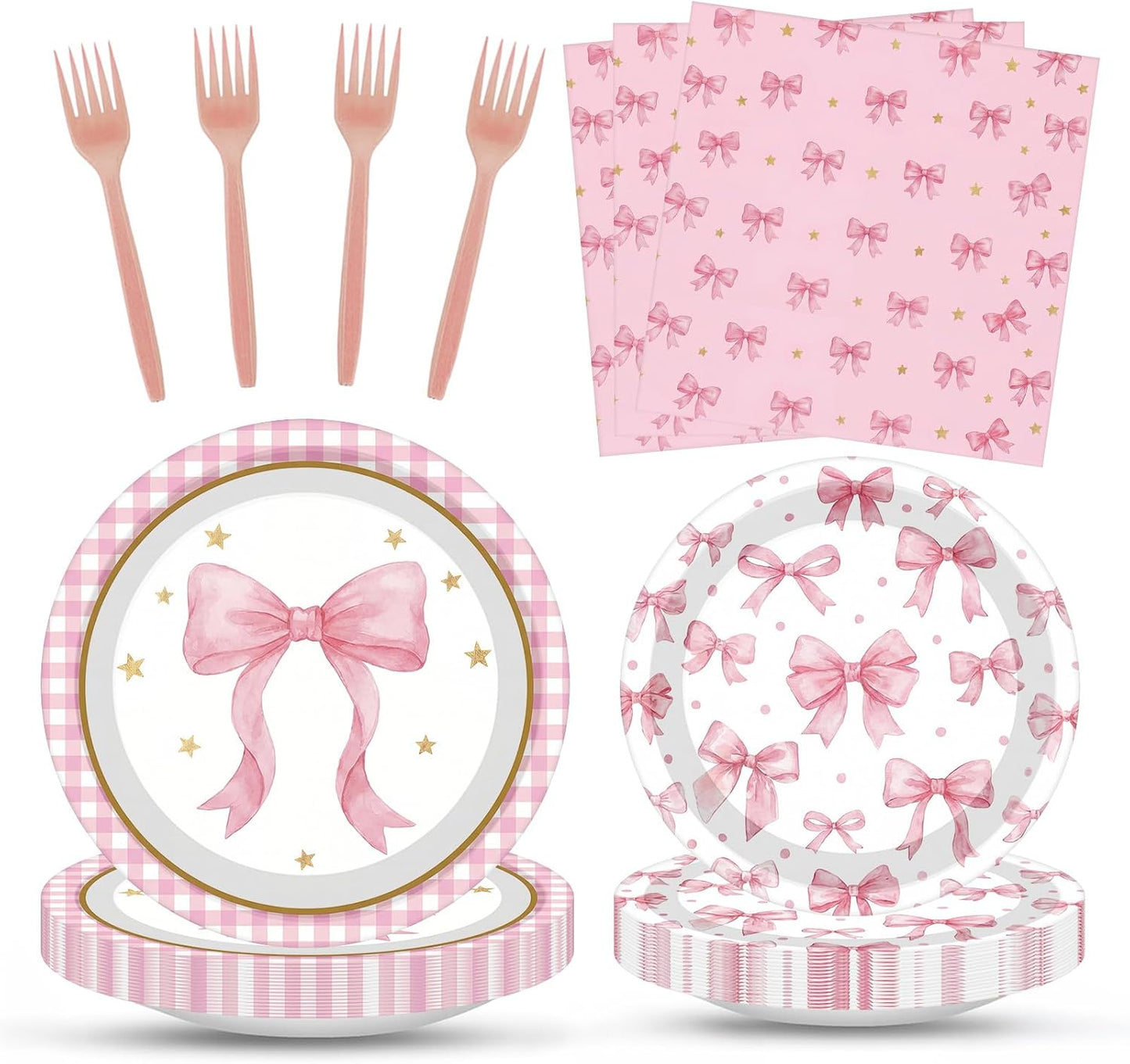 ArtSocket 96 Pcs Pink Bow Party Decorations Tableware Set, Coquette Disposable Dessert Plates Napkins Forks for Table Decorations Favors for Kids Girls Baby Shower Birthday Party Serve 24 Guests