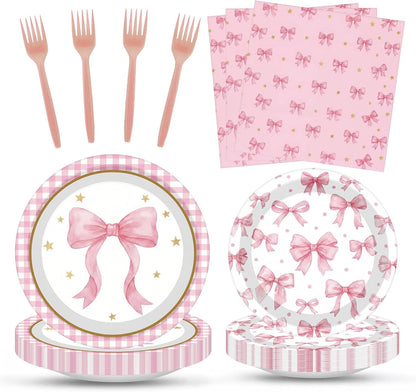 ArtSocket 96 Pcs Pink Bow Party Decorations Tableware Set, Coquette Disposable Dessert Plates Napkins Forks for Table Decorations Favors for Kids Girls Baby Shower Birthday Party Serve 24 Guests