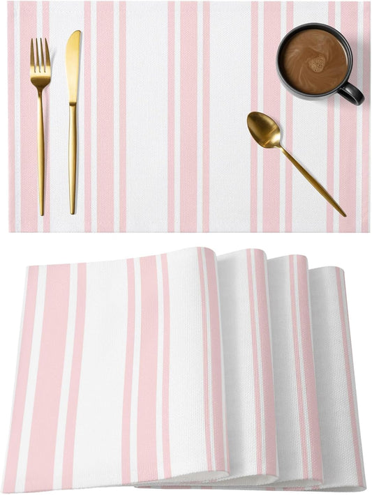 Pink Striped Placemats Set of 2, Cotton Linen Fabric Place Mats, Farmhouse Aesthetic Modern Stripes Washable Decorative Table Mats Protector for Home Kitchen Dining Wedding Party Coffee Tables