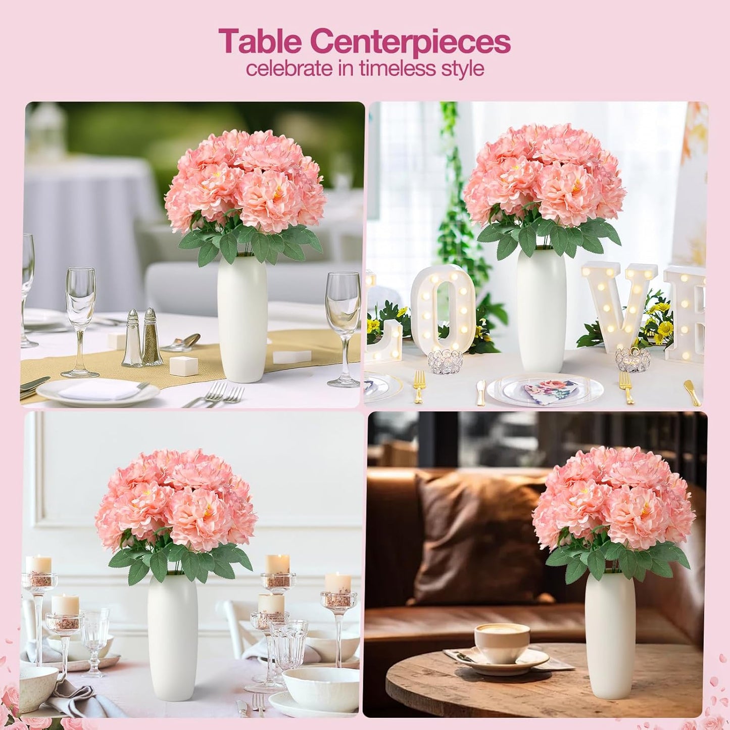 Peonies Artificial Flowers, 2 Bouquets of 7-Heads Silk Artificial Peonies with Flexible Stems, Faux Peonies for Home & Wedding Decor, Table Centerpieces, Floral Arrangement (2, coral pink)