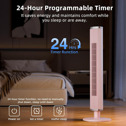 COWSAR Bladeless Tower Fan for Bedroom, Quiet Oscillating Floor Fan with Remote, 6 Speeds 4 Modes 24H Timer, 60° Oscillation Standing Fan for Home Office Indoor, 41-Inch Pink
