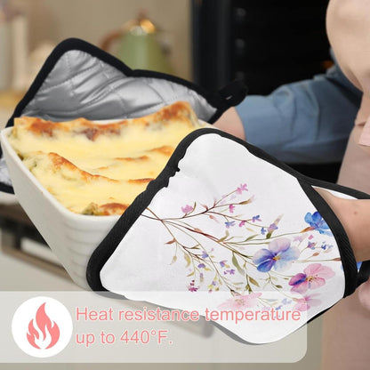Heat Resistant Pot Holder Set, Light Pink Blue and Purple Floral Leaves Hot Pads Potholder for Kitchen, Washable Oven Mitts for Cooking Baking Pans