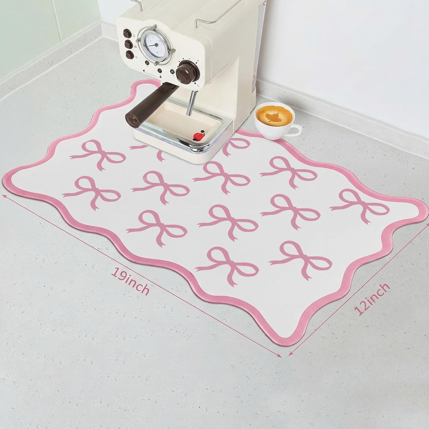 Drydiet Pink Bow Coffee Mat 12" x 19" Scalloped Bow Coffee Bar Mats Pink Dish Drying Pad for Kitchen Counter Coquette Kitchen Absorbent Dish Pad Cute Bar Countertop Accessories Decor
