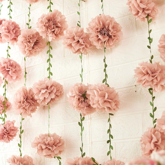 Pink Tissue Paper Pom Pom Garlands, Paper Flowers for Birthday Decorations, Baby Shower, Wedding Engagement, Bridal Shower, Spring Summer Party Decorations, 2 Pcs