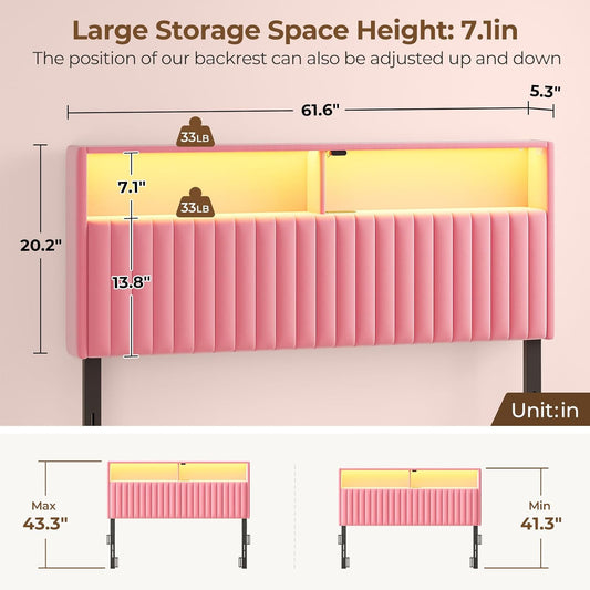 Rolanstar Headboard for Queen Size Bed with Storage, Head Board with USB & Type C Port, 60,000 DIY Color of LED Light, Velvet Upholstered, Height Adjustable, Sturdy, Easy Assembly, Pink