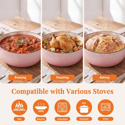 NEWBULIG Cast Iron Dutch Oven, 6 Quart Enamel Dutch Oven Pot with Lid, Heavy Duty Cookware for Sourdough Bread, Braising, Stews, Roasting, Safe up to 500°F, Pink
