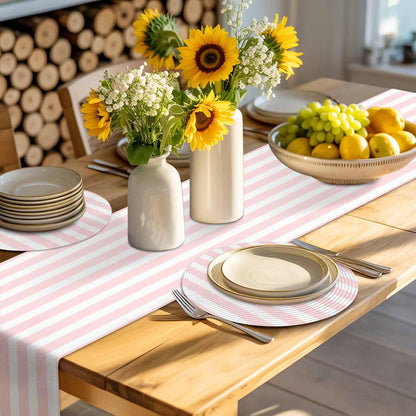 Pink Striped Round Placemats Set of 4 for Dinning Tables,Heat-Proof Braided Table Mats 13 Inch,Modern Farmhouse Pink White Stripes Washable Place Mat for Kitchen Restaurant Party Decor Table Setting