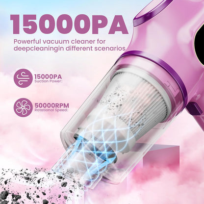 Pink Car Vacuum Cleaner,Portable Mini Cordless Small Handheld Vacuum Cleaner with LCD Display and Multi-Nozzles Powerful Hand Held Vacuums for Car,Pet Hair,Home,Office,Sofa,Keyboard