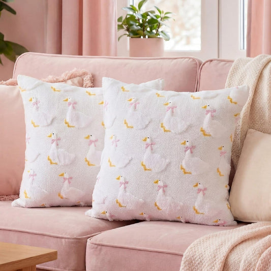 2 Pack Goose Pillow Covers 18 x 18 Inch Pink Bow Goose Embroidery Pillow Cover 3D Jacquard Soft Plush Faux Fur Cushion Case for Home Couch Chair Bed Sofa Room Decor