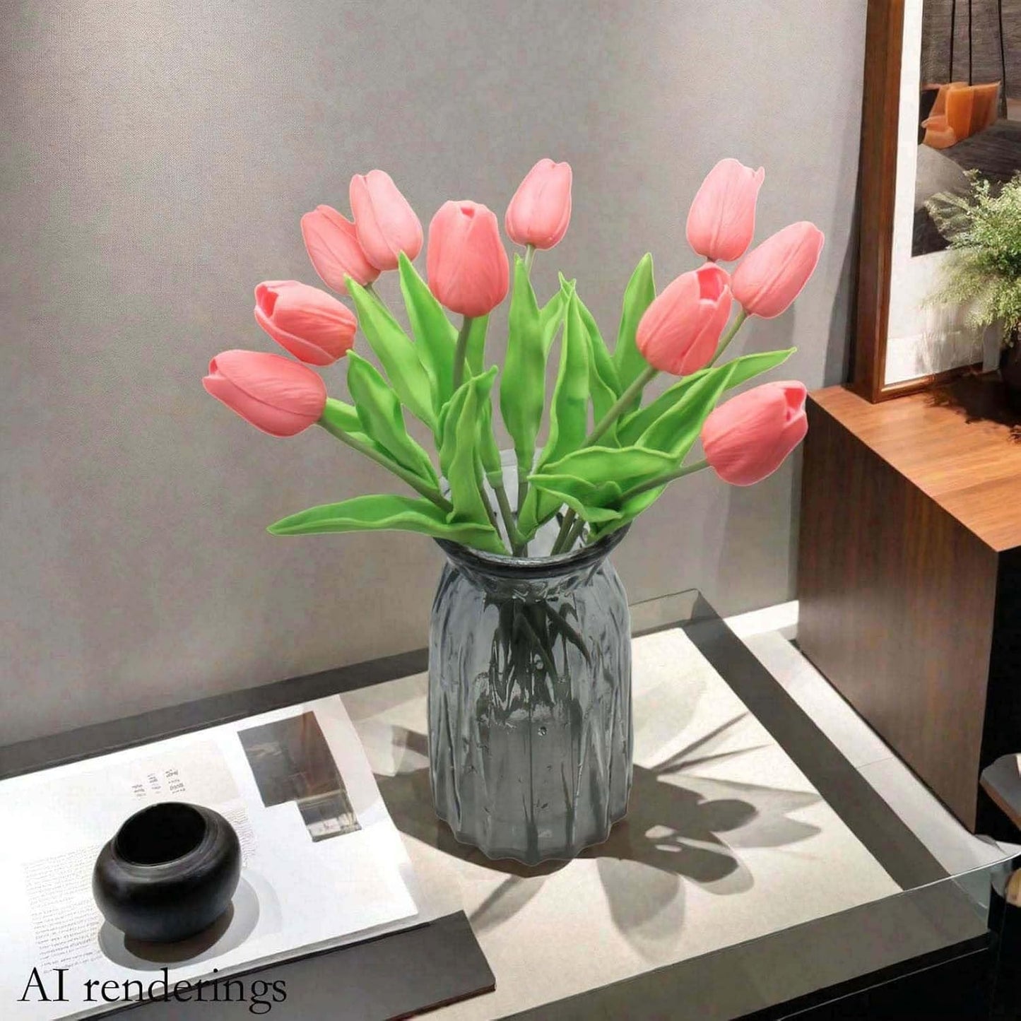 10-Heads Artificial Flowers PU Mini Real Touch Tulip Bouquets for Home Wedding Party Centerpiece Decoration (Coral)