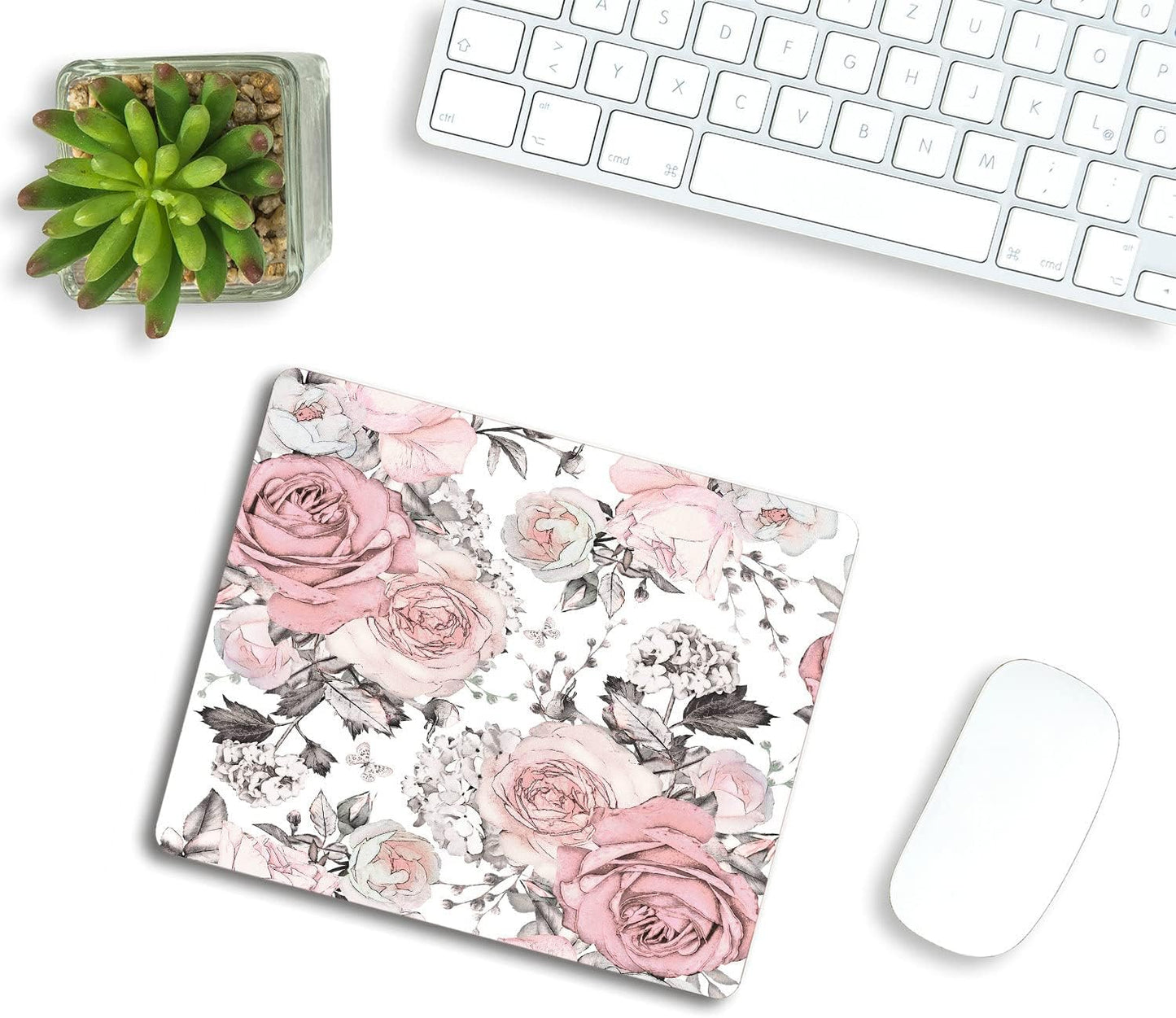 Pink Flowers and Leaves Mouse pad Custom, Retro Spring Floral Branch Rose in Pastel Color Gray Personality Desings Gaming Mouse Pad 9.5"x7.9"x0.12" Inch