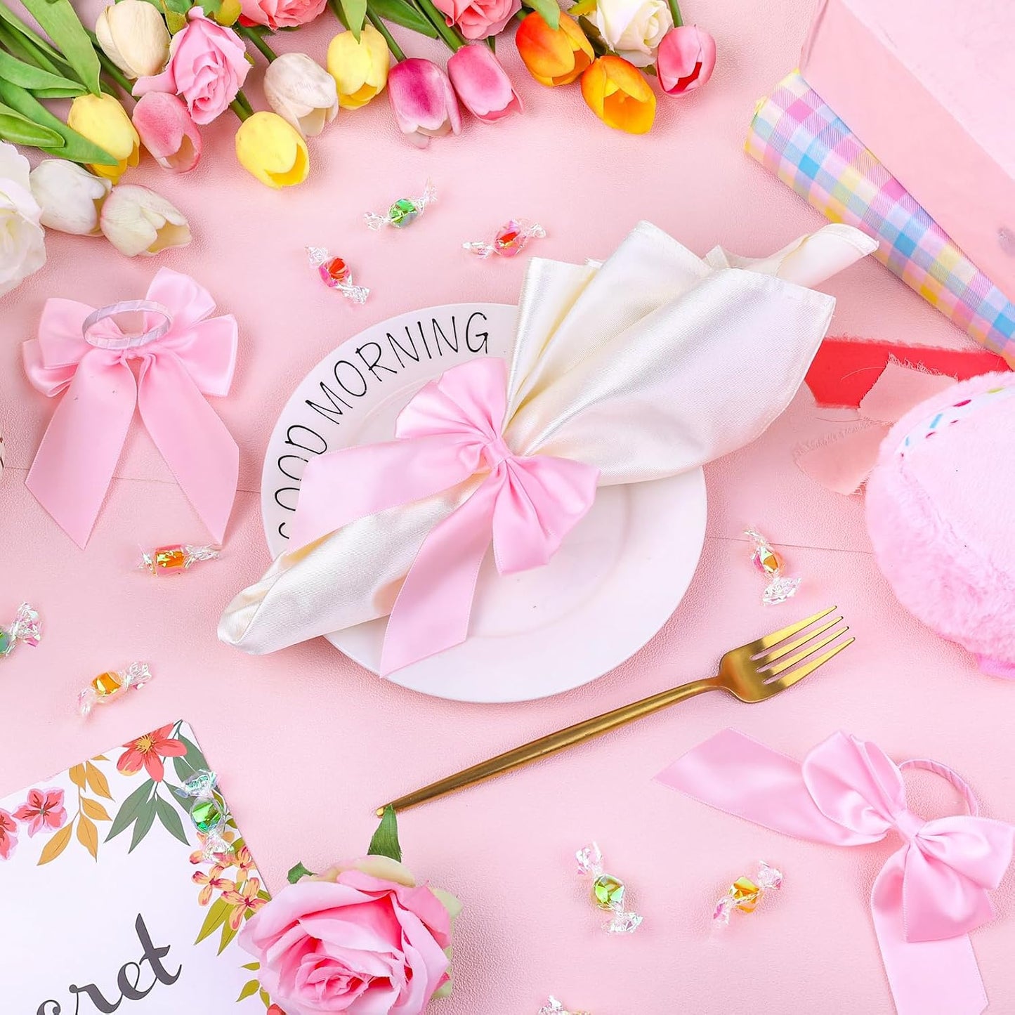 Bow Napkin Ring Set of 12, Pink Napkin Ring Holder Satin Pink Bow Napkin Buckle Bowknot Dinner Table Ring for Bow Party Decorations Coquette Party Bachelorette Bridal Baby Shower Wedding