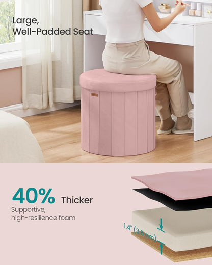SONGMICS Mazie Collection - Round Storage Ottoman, Folding Footrest Stool with Removable Lid, Easy Assembly, Velvet Vanity Stool for Bedroom, Living Room, Entryway, Jelly Pink ULSF608R01