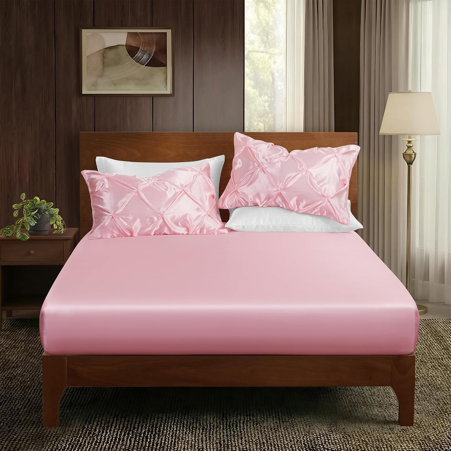 P Pothuiny 3-Piece Set Pintuck Satin Pillowcases & Queen Fitted Sheet, Blush Pink Satin Sheet Silky Soft Luxury Romantic Pinch Pleated Bedding Bedroom Dorm Decor, 15 Inch Deep Pocket
